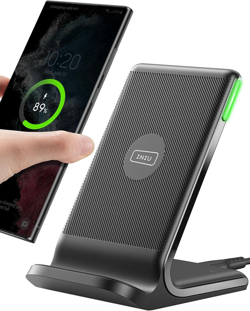 INIU Wireless Charger Stand, 15W Qi Certified Fast Wireless Charging Station with Sleep-Friendly Adaptive Light for iPhone 17 16 15 14 13 12 Pro Max Samsung Galaxy S25 S24 S23 Note 20 Google etc. - 1 Pack