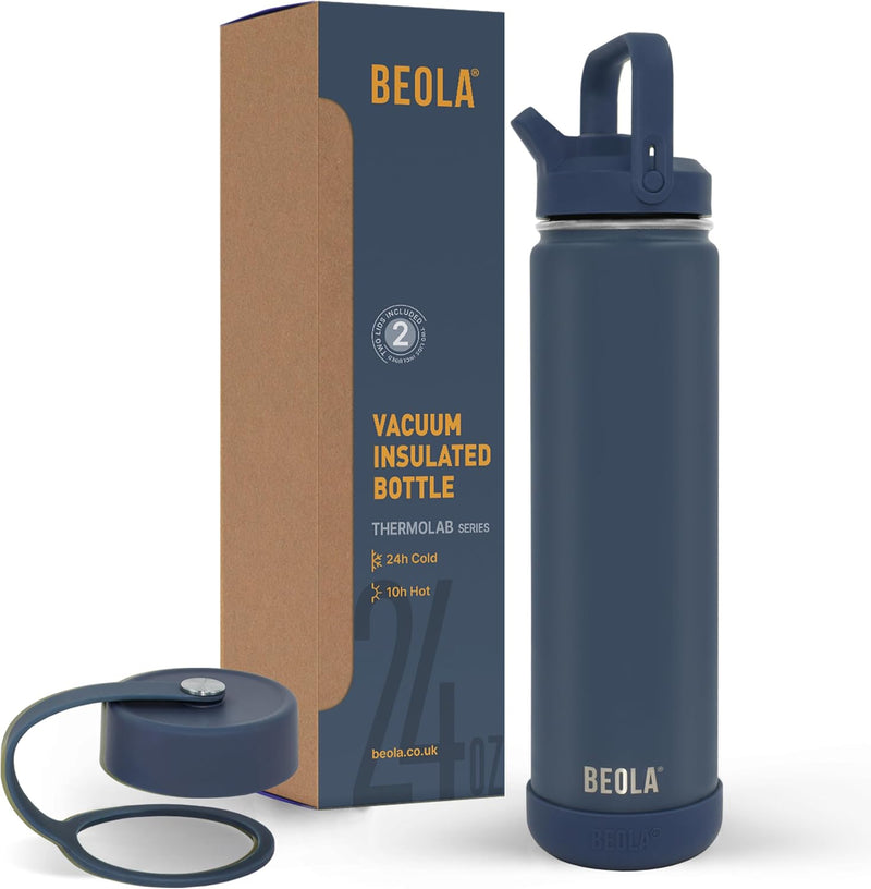 750ml Water Bottle 18/8 Stainless Steel 304 Double Wall Insulated thermo Bottle with Straw Lid and wide mouth, 2 lids included, Hot Cold Liquids Sports Bottle, 25oz (Sage Mist) - Marine Blue