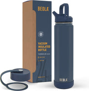 750ml Water Bottle 18/8 Stainless Steel 304 Double Wall Insulated thermo Bottle with Straw Lid and wide mouth, 2 lids included, Hot Cold Liquids Sports Bottle (Lava Gray) - Marine Blue