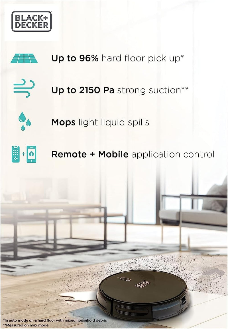 BLACK+DECKER Robotic Vacuum Cleaner and Mop, Alexa Enabled, 2150 Pa Suction, 120 Min Runtime, Self-Charging, Smart App Control, Visual Mapping, Black - BRVA425B00-B5