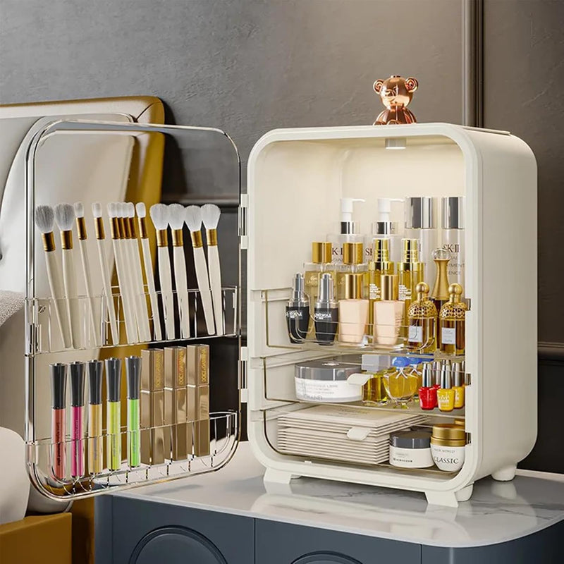 NOGOO Cosmetics Storage Box with LED Light and Mirror,Makeup Display Case with Two Drawer Storage Box and Brush Storage, Large Capacity SkinCare Organizers for Bathroom Countertop,Bedroom Vanity Desk
