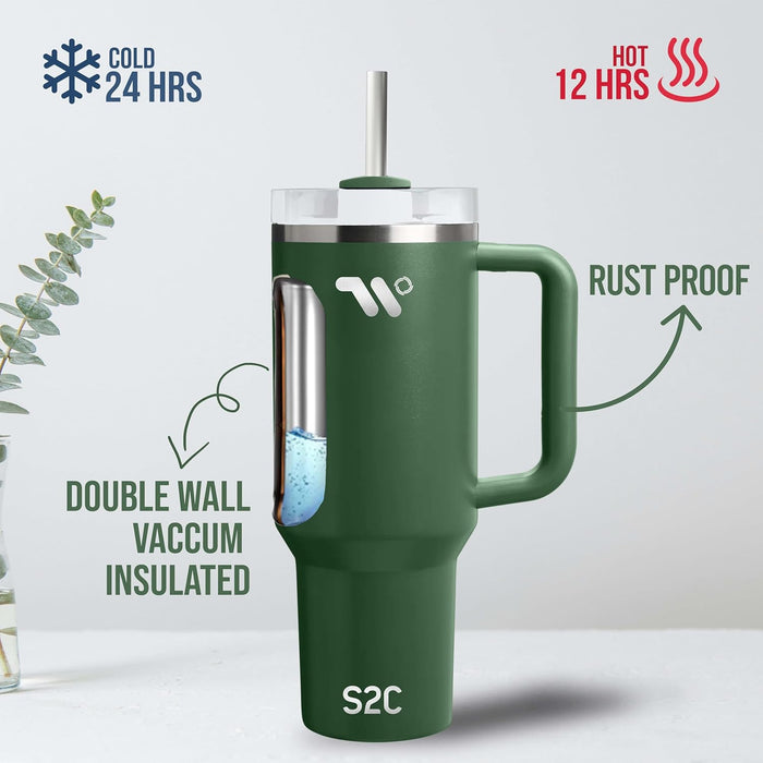 S2C 40oz Stainless Steel Tumbler with Handle & Straw – Double Wall Vacuum Insulated Mug – Leakproof, BPA-Free, Keeps Drinks Hot & Cold – Ideal for Office, Gym, Travel – Fits Car Cup Holder–(Blue)