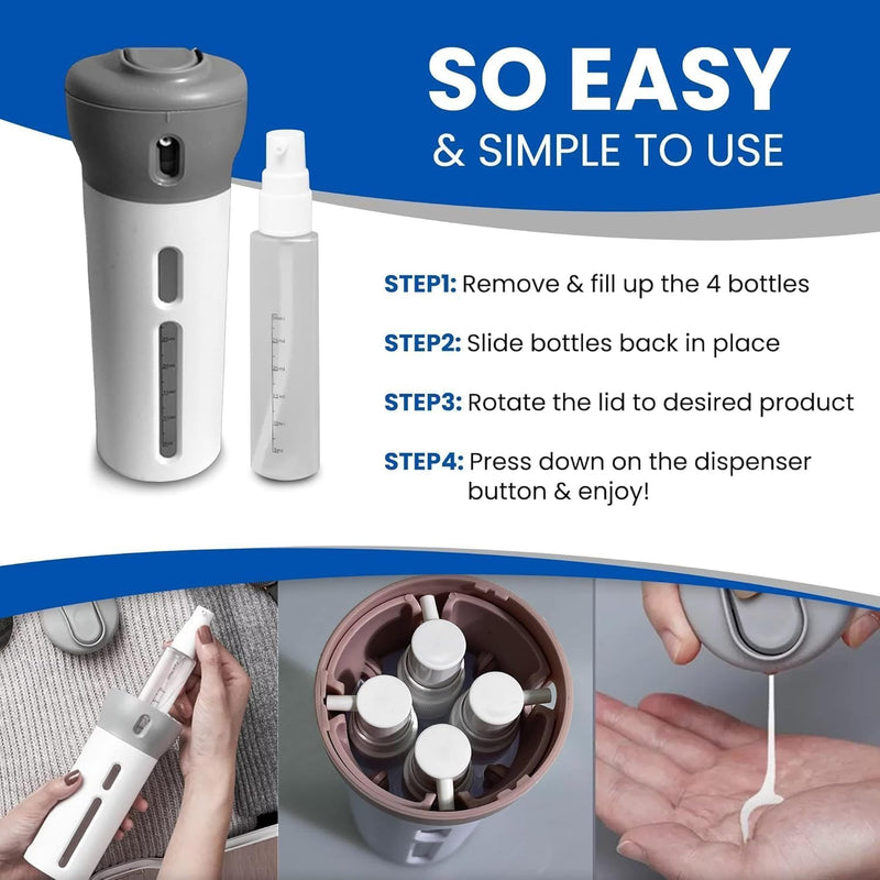 4 in 1 Travel Dispenser, Refillable Leak-Proof Kit with 4 Bottles, BPA-Free Containers for Shampoo & Conditioner, Portable Set for Toiletries