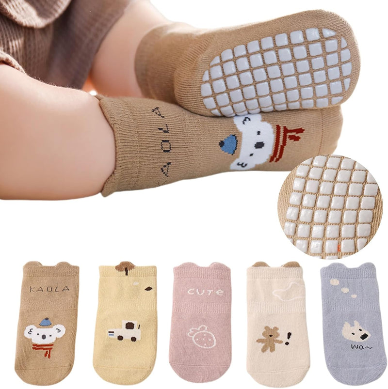 Lullaxx 5 Pairs Anti Slip Antimicrobial Baby Ankle Socks 100% cotton socks for Kids Boys and Girls, Breathable(0-3years)
