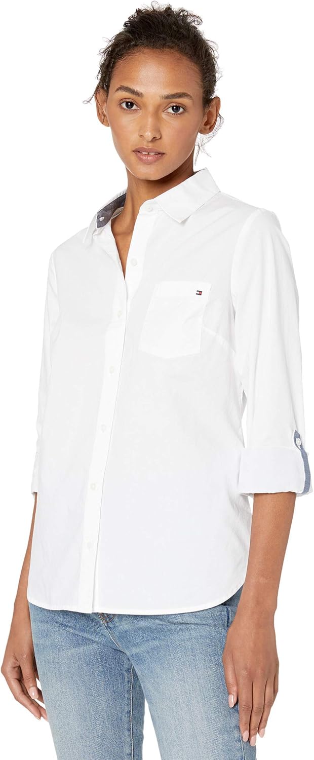 Button Collared Long Shirts for Women with Adjustable Sleeves - Bright White