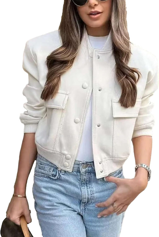 Womens Cropped Bomber Jacket Button Down Varsity Jackets Shackets With Pockets - Beige