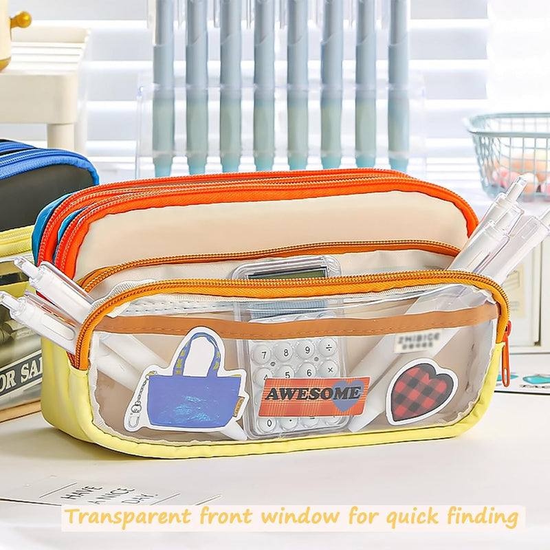 Large Capacity Pencil Case, 3 Compartment Storage Organizer, Canvas Zipper Pencil Pouch for Pens Markers and Tools, Cute Stationery Bag for Women and Girls, Beige