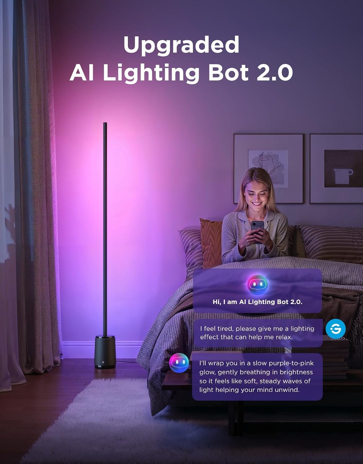 LED Floor Lamp 3 Lite RGBICWW, 1400lm Smart Standing Lamp 152cm 2700-6500K, 105+Scene, AI Bot 2.0, DIY, Music Sync, Work with Alexa Matter, Black, Corner Floor Lamp for Bedroom Living Room – image 5