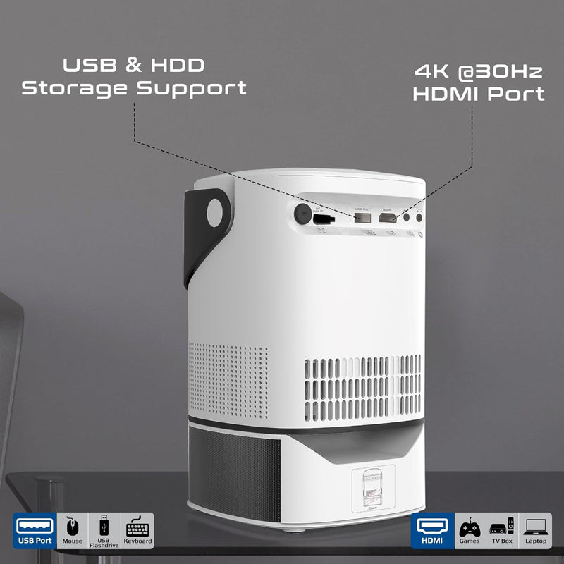 Promate 4K Ultra HD Projector with LCD Technology, 250 ANSI Brightness, Height-Adjustable Telescopic Stand, Auto Keystone Correction, Built-In Speaker Beamer-A250 UK