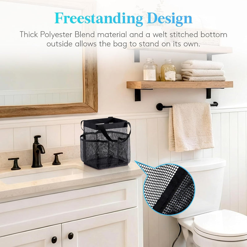 Mesh Shower Caddy with 7 Pockets and Handle, Portable Hanging Organizer Basket for College Dorm Room Essentials, Quick Dry Tote Bag for Camping, Bathroom, Beach, Travel, Black