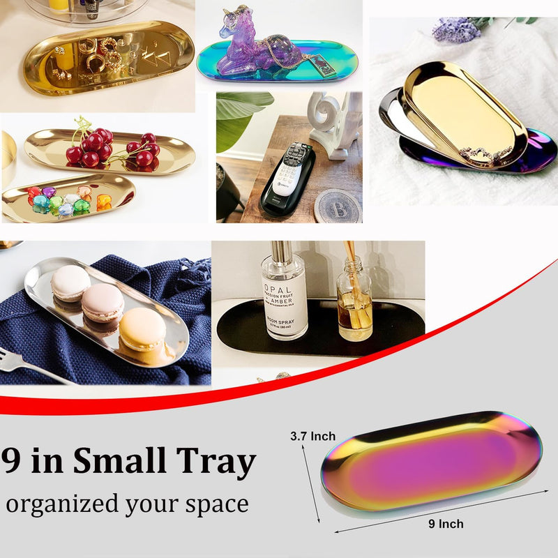 Fermus Stainless Steel Decorative Tray, Set of 2, 9 Inch Long, Jewelry Dish Cosmetics Organizer Bathroom Clutter Serving Platter Small Storage Tray, Oval, Gold