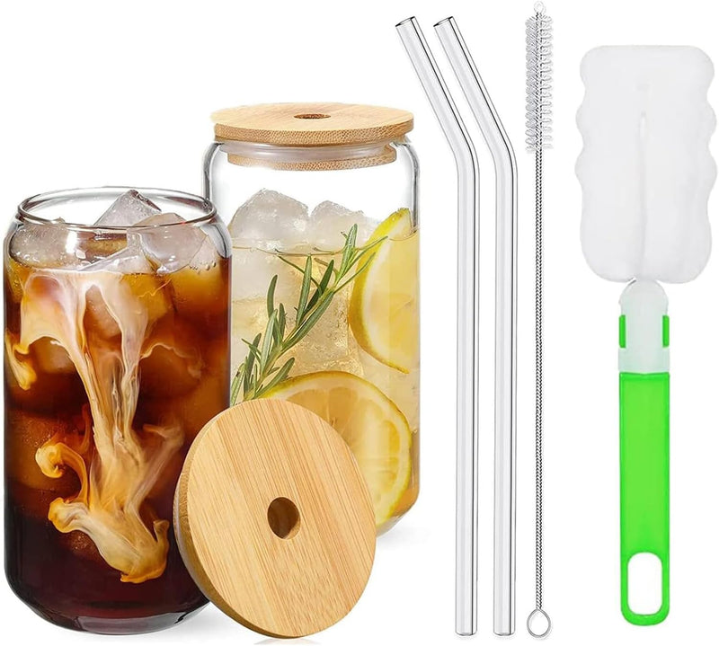 TAPIT Drinking Glasses with Bamboo Lids and Glass Straw, 13.5oz/17oz Beer Can Shaped Glass Cups, Tumbler Cup Ideal For Beer, Tea, Soda, Iced Coffee Include 2 Cleaning Brushes (2pcs,400ml*2)