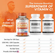 Liposomal Vitamin C Capsules (200 Pills 1500mg Buffered) High Absorption VIT C, Immune System & Collagen Booster, High Dose Fat Soluble Immunity Support Ascorbic Acid Supplement, Natural Vegan