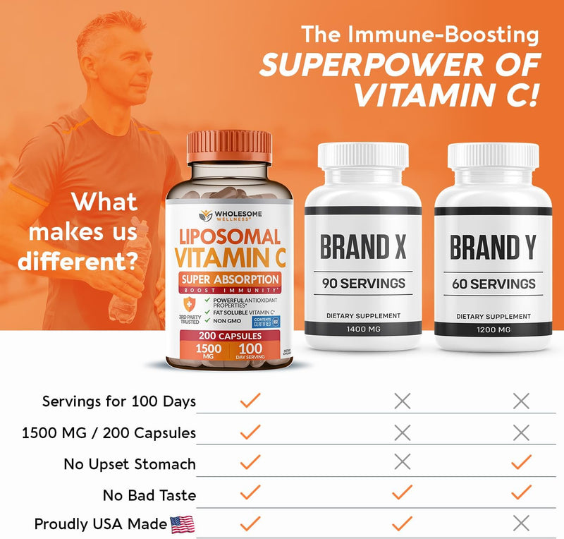 Liposomal Vitamin C Capsules (200 Pills 1500mg Buffered) High Absorption VIT C, Immune System & Collagen Booster, High Dose Fat Soluble Immunity Support Ascorbic Acid Supplement, Natural Vegan