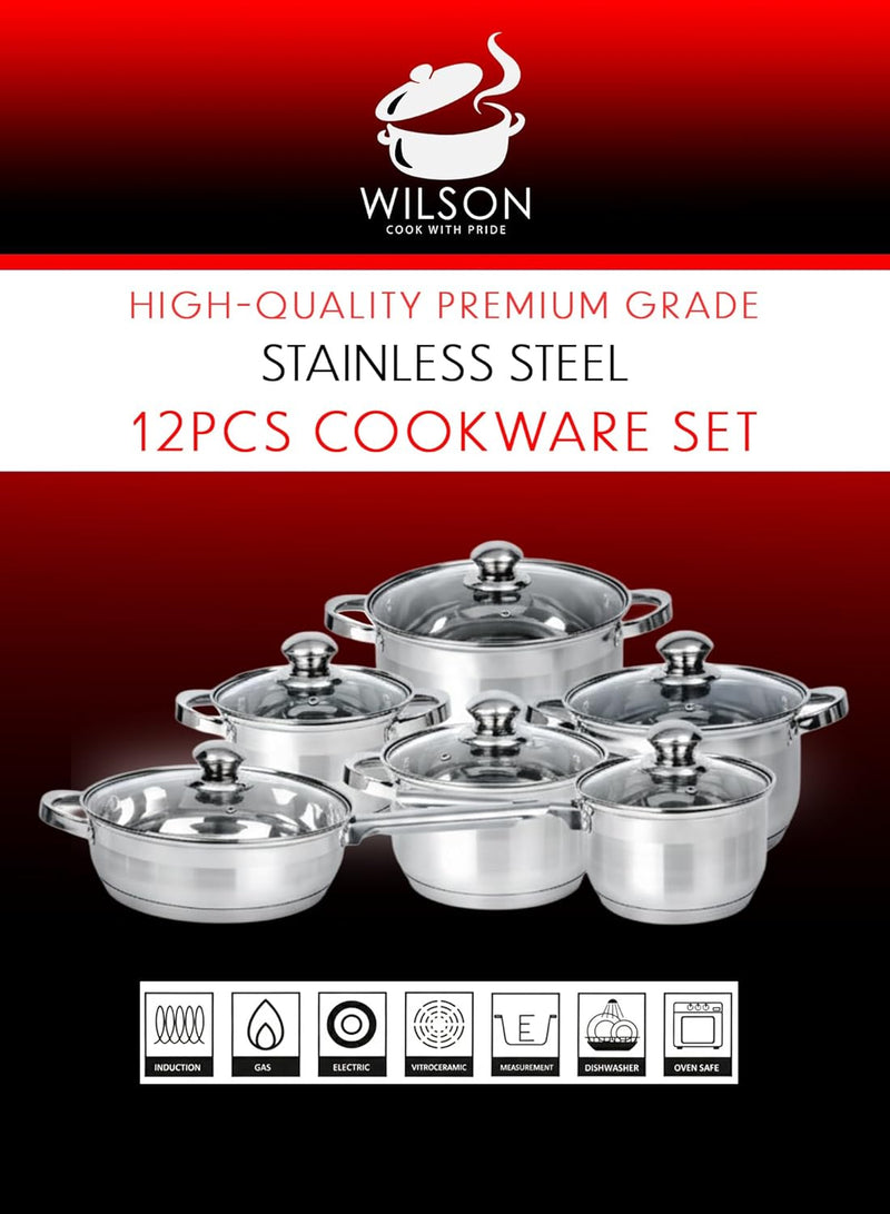 Cuisine Art Wilson Stainless Steel Cookware Set, 12-Piece, Casseroles, Saucepan, Fry Pan, Ergonomic Handles, All Cooktop Compatible, Dishwasher Safe, Durable, Stylish Kitchen Essentials