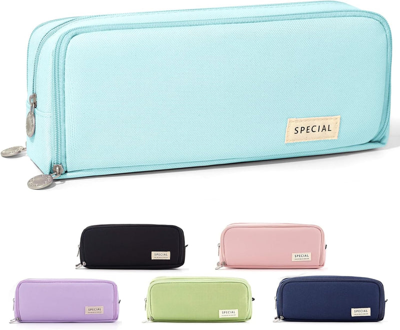 Cicimelon Pencil Case Large Capacity Pouch 3 Compartments Bag Gift For Students Girls Adults Women (Black) - Light Blue