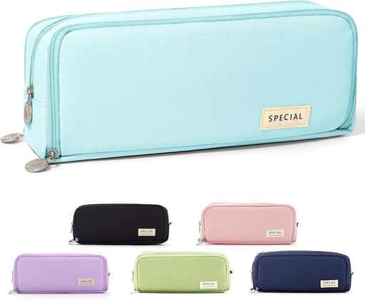 Cicimelon Pencil Case Large Capacity Pouch 3 Compartments Bag Gift For Students Girls Adults Women (Black) - Light Blue
