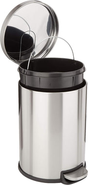 Amazon Basics Round Cylindrical Dustbin With Steel Bar Pedal, Soft-Closing Mechanism For Home and Office Use, 20 Litre/5.3 Gallon, Brushed Stainless Steel - 20L