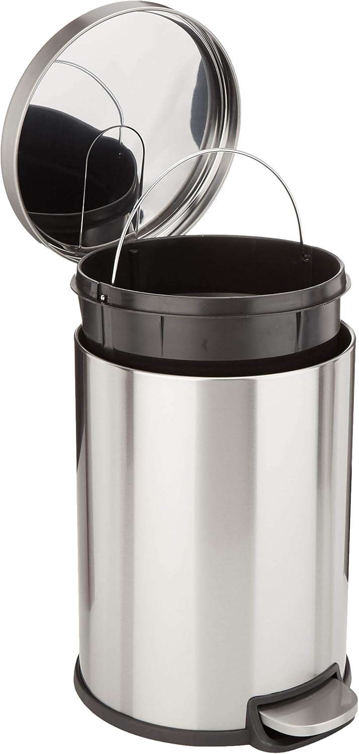 Amazon Basics Round Cylindrical Dustbin With Steel Bar Pedal, Soft-Closing Mechanism For Home and Office Use, 20 Litre/5.3 Gallon, Brushed Stainless Steel - 20L
