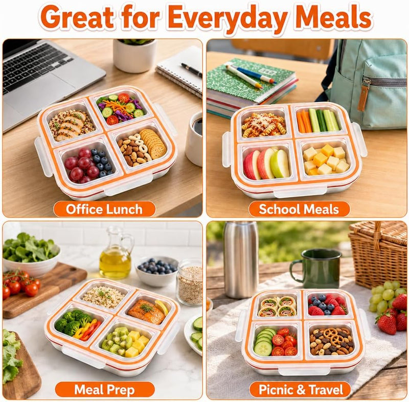 Snack Box with Compartments, 2 Pieces 600 ml Stainless Steel Lunch Box with 4 Compartments & Leak-proof Lid, Reusable Bento Box with 2 Spoons for Fruit, Vegetables, Meat, Sweets, Nuts