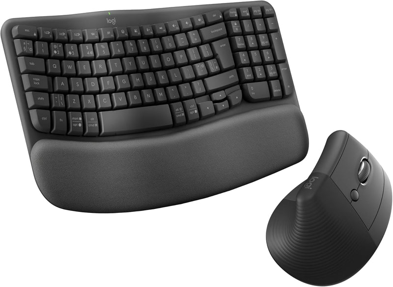Logitech Lift Vertical Ergonomic Mouse, Wireless, Bluetooth or Logi Bolt USB receiver, Quiet clicks, 4 buttons, compatible with Windows/macOS/iPadOS, Laptop, PC - Rose - Graphite Mouse + Ergonomic Keyboard