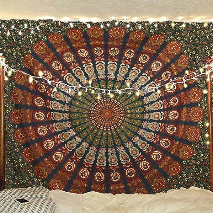 Bless International, Indian Wall Hanging Psychedelic Hippie Bohemian Peacock Mandala Tapestry Bed Sheet Gold Pink Blue King 225x265cm