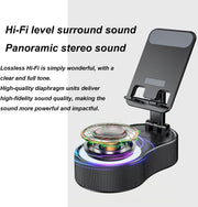 BIGTHREE Phone Holder with Bluetooth Speaker, Bluetooth Speaker Phone Holder, 5 in 1 Wireless Induction Audio, 360 Rotating Folding Lifting Charging Holder, RGB Colourful Lamp Effect