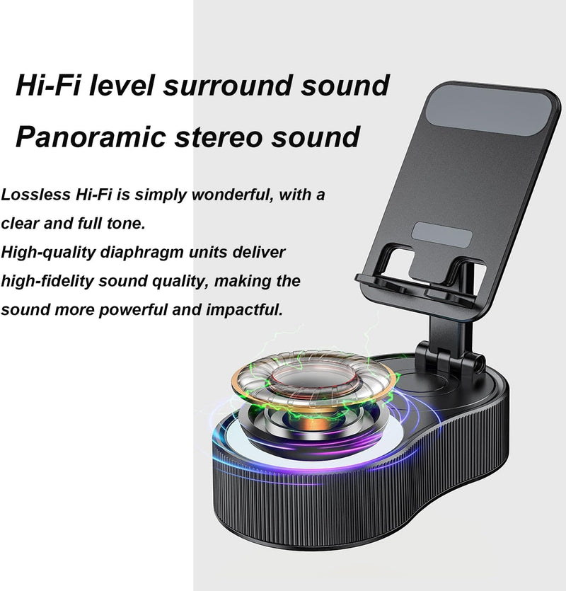 BIGTHREE Phone Holder with Bluetooth Speaker, Bluetooth Speaker Phone Holder, 5 in 1 Wireless Induction Audio, 360 Rotating Folding Lifting Charging Holder, RGB Colourful Lamp Effect