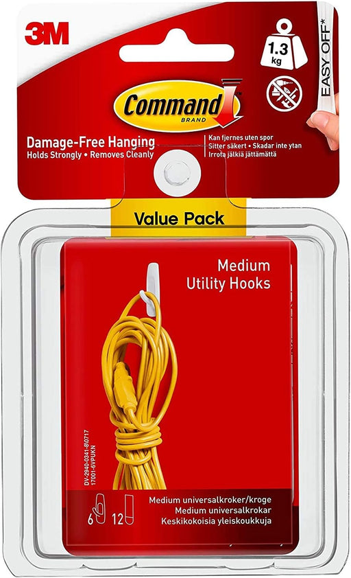 Command Utility Medium Hooks White color, 2 hooks + 4 strips/pack Holds 1.36 kg each hook Organize Decoration No Tools Holds Strongly Damage-Free Hanging - 6 Hooks