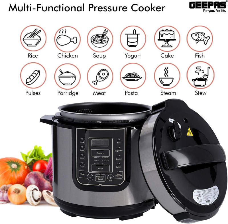 1000W 7-in-1 Electric Pressure Cooker, Steamer 6L Digital Multicooker Stainless Steel/Black 14 Cooking Modes, Automatic Keep Warm & 24 Hours Preset Function 2 Years Warranty