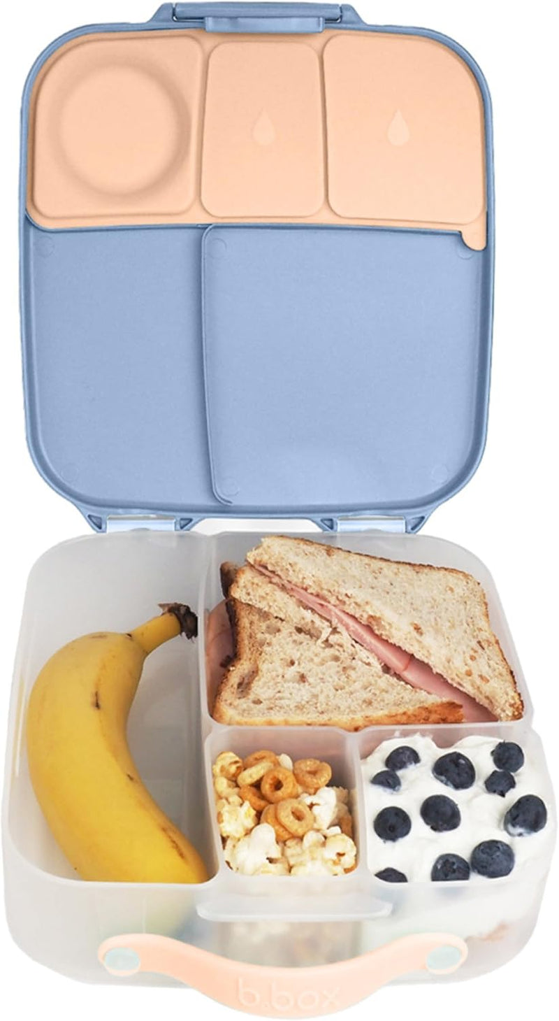 b.box Lunchbox Jumbo Bento Box with 4 Compartments (2 Leakproof), Removable Divider, Gel Cold Pack Ideal for School from 3+ 1L Capacity - Feelin' Peachy