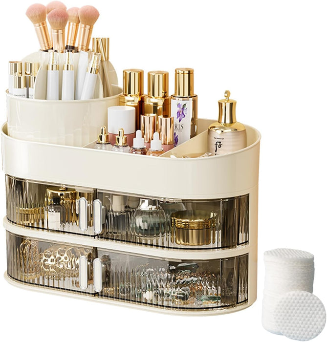 QUEENADA Makeup Organizer with Makeup Brush Holder - 3 Layer Skincare Organizer with 360 Rotating Makeup Brush Holder, High-Capacity Cosmetic and Skincare Dresser Make Up Holder Rack