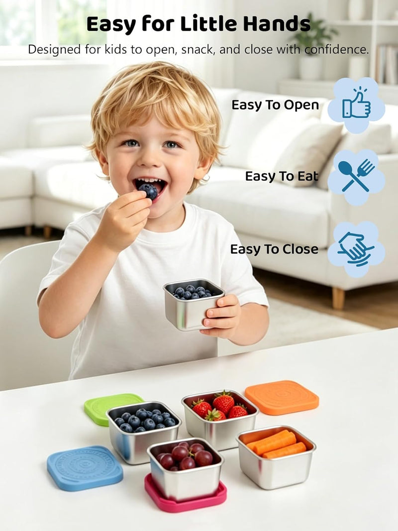 HTEVW - 6 Pack 6 oz Stainless Steel Kids Containers Easy Open Leakproof Metal Snack Containers with Silicone Lids, Stackable Lunch Box - color1