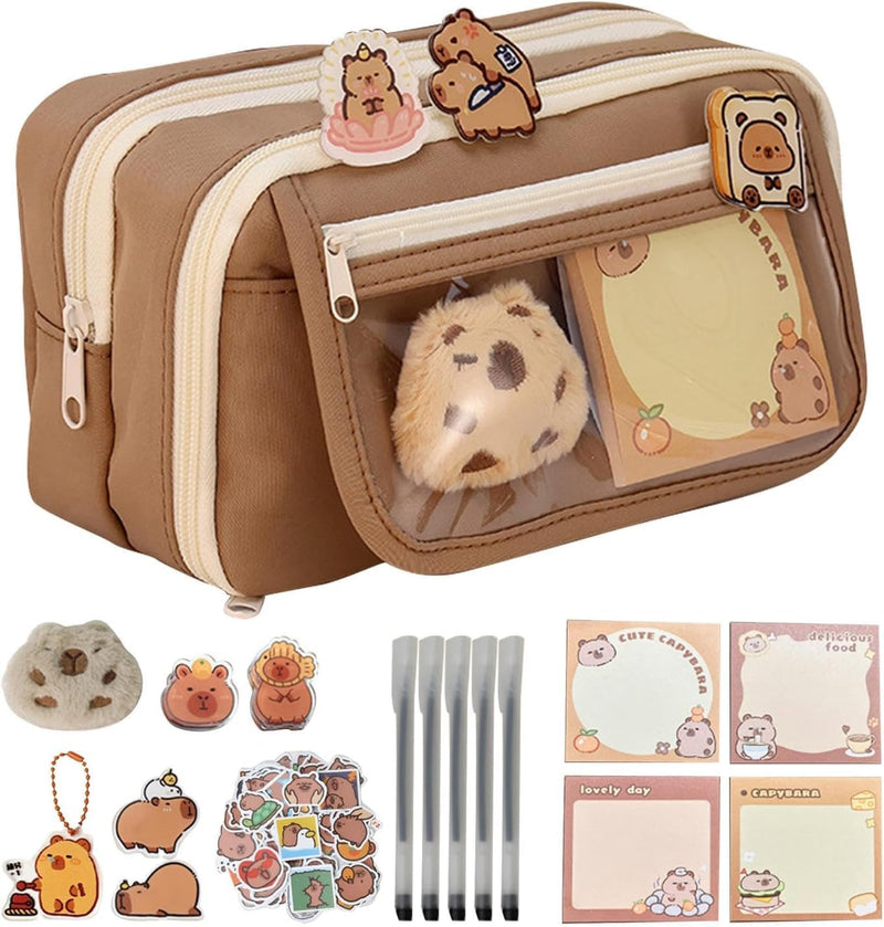 Cute Capybara Pencil Case, Capybara School Supplies, Clear Aesthetic Pencil Pouch with Cute Capybara Pins and Plush, Large Capacity Multi-layers Pen Case