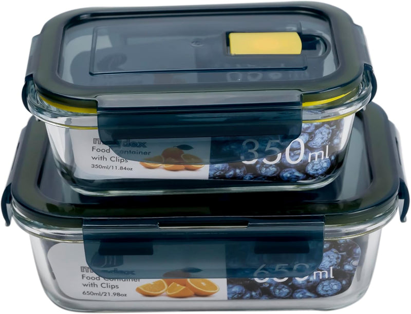 Mondex Borosilicate Glass Round Food Saver with food Storage Container Lunchbox 600ml Capacity, Openable and Secure Air Vent, Silicone Seal, Plastic Lid - Rectangular 350ml + 650ml