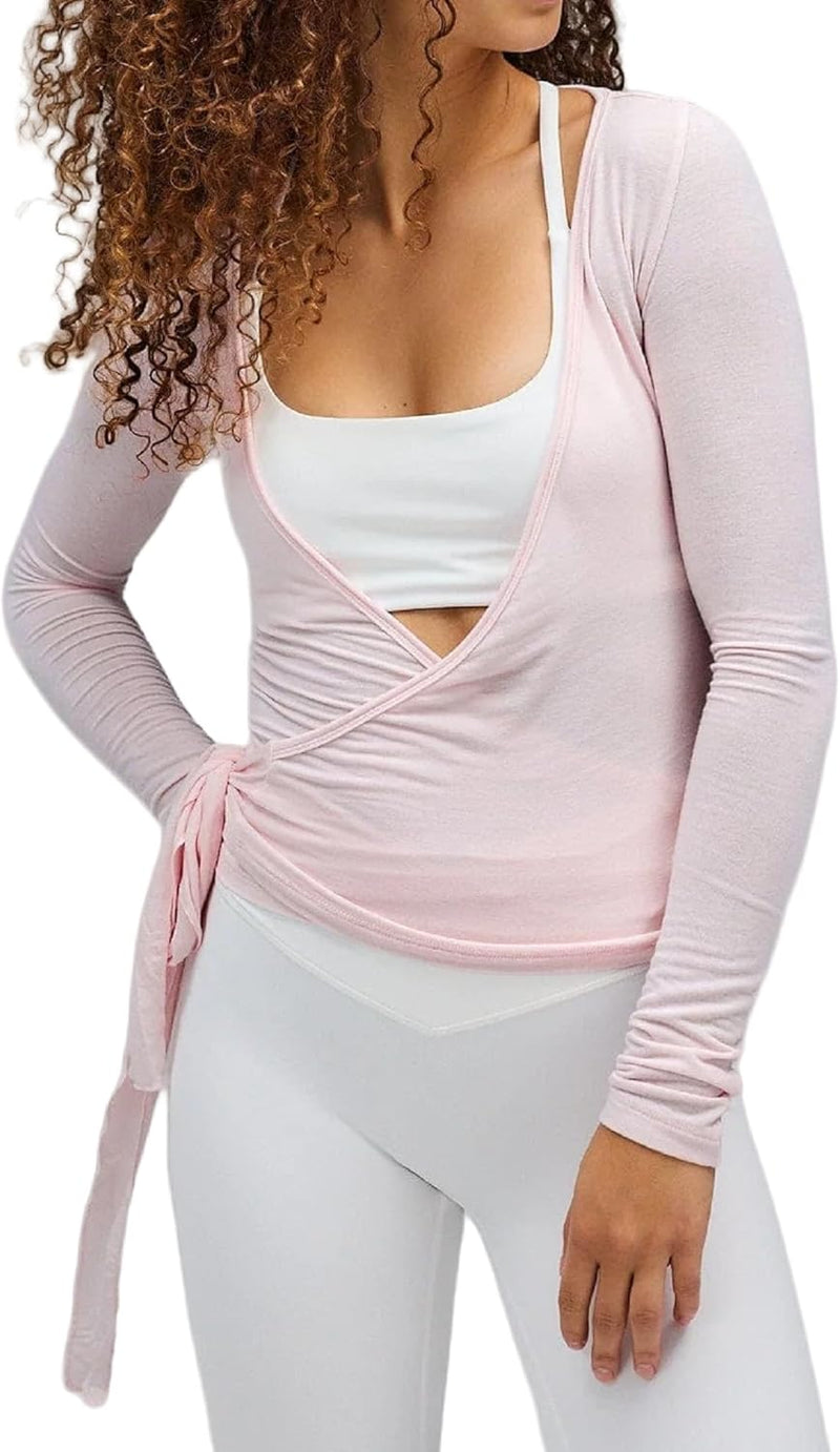 Women Wrap Yoga Shirts Long Sleeve Deep V Neck Tie Front Workout T Shirts Casual Slim Fit Sports Active Tops