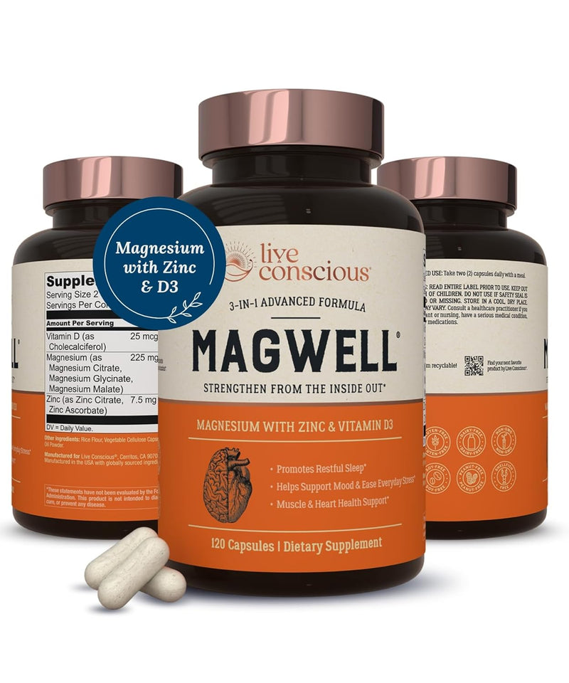 Magwell Magnesium Zinc & Vitamin D3 - Highly Bioavailable Magnesium: Glycinate, Malate, & Citrate - 3-in-1 Magnesium Supplement for Women & Men - Bone, Heart, Immune Support - 120 Capsules by LiveWell