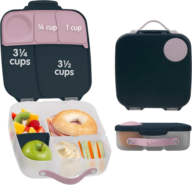b.box Lunchbox Jumbo Bento Box with 4 Compartments (2 Leakproof), Removable Divider, Gel Cold Pack Ideal for School from 3+ 1L Capacity - Indigo Rose