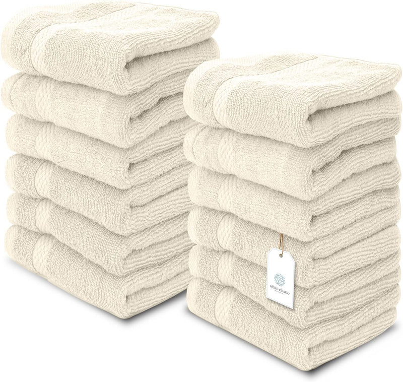 White Classic Luxury Cotton Washcloths - Small Hotel Spa Bathroom Face Towel | 12 Pack |
