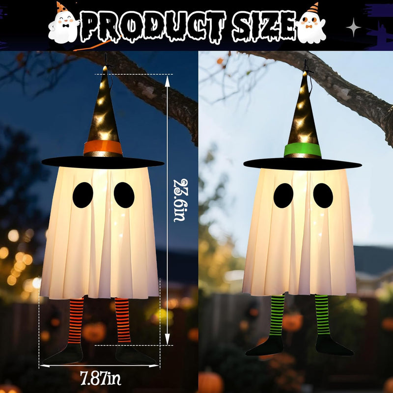 3 Pack Hanging Ghosts Halloween Decorations Outdoor, 23.6" Glowing Halloween Ghosts with Witch Hat, DIY Expressions Light up Ghost Kit for Yard Patio Garden Tree Outside