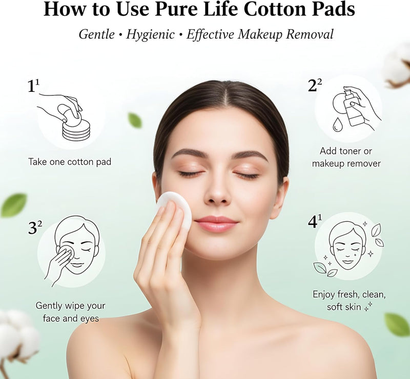 PureLife Organic Cotton Pads 80pcs Soft Reusable Rounds for Face Makeup Removal, Skincare, Cleansing Gentle, Eco-Friendly, Biodegradable Cotton Pads