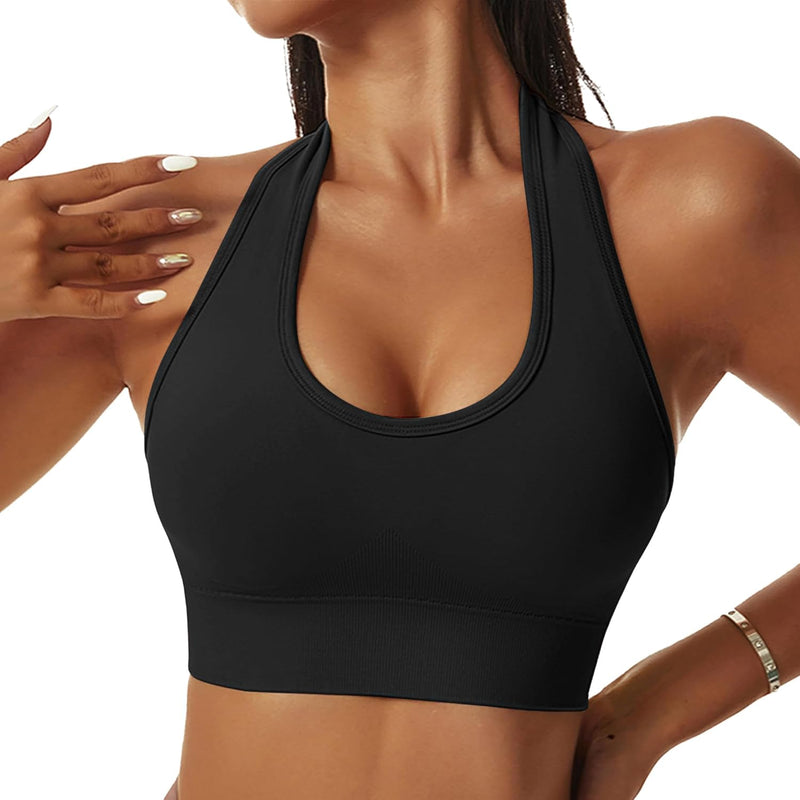 Vertvie Halterneck Sports Bra Backless Fitness Bustier Women's Padded Push Up Bra Without Underwire Sports Bra Top Yoga Bra Medium Support Workout