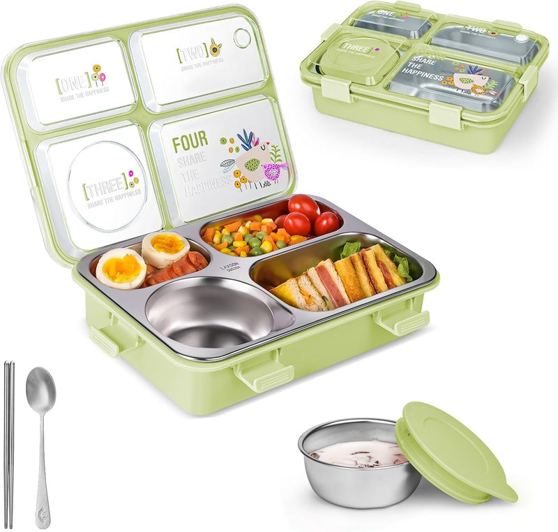 Stainless Steel Adult Lunch Box, 28.7 Oz 4-Compartment Metal Bento Box Kids Snack Containers With 5 Oz Soup/Condiment Cup, Food Storage Containers With Utensils, Ideal For School, Office & Travel