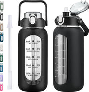 64oz Glass Water Bottles with Straw, Half Gallon Motivational Glass Bottle with Silicone Sleeve and Time Marker, 2L Leakproof Large Glass Water Jug for Gym Home Office,Black - 64 Ounces Black