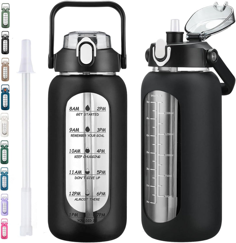 64oz Glass Water Bottles with Straw, Half Gallon Motivational Glass Bottle with Silicone Sleeve and Time Marker, 2L Leakproof Large Glass Water Jug for Gym Home Office,Black - 64 Ounces Black