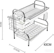 2-Tier Stainless Steel Dish Drying Rack for Kitchen Counter Over Sink Dish Drainer Rack with Cutlery Holder Removable Drip Tray(Medium Size)