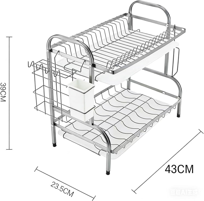 2-Tier Stainless Steel Dish Drying Rack for Kitchen Counter Over Sink Dish Drainer Rack with Cutlery Holder Removable Drip Tray(Medium Size)
