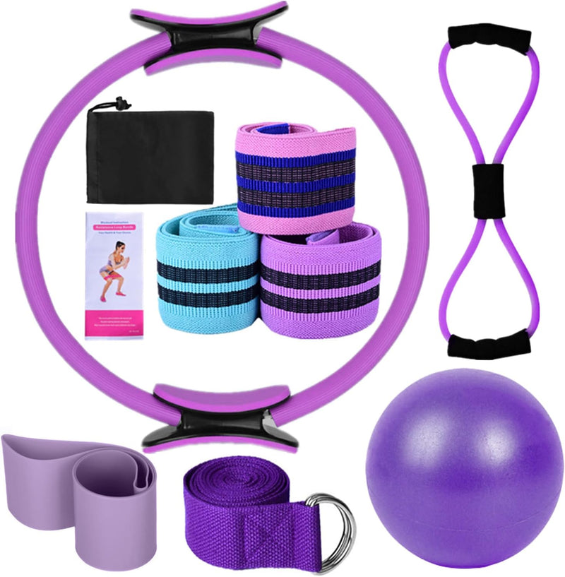 Pilates Ring Circle Set - Workout at Home Workout Equipment Women - Booty Bands Stretching Equipment Pilates Mini 25cm Exercise Ball Resistance Band for Legs Arms and Thighs - Purple