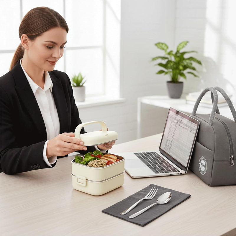 Stainless Steel Lunch Box - 1400ml 2 -Layer Bento Box with Insulated Bag, Spoon & Fork, Leakproof, BPA-Free, Dishwasher Safe - Ideal for Kids & Adults, Office, School, Travel (Cream White)