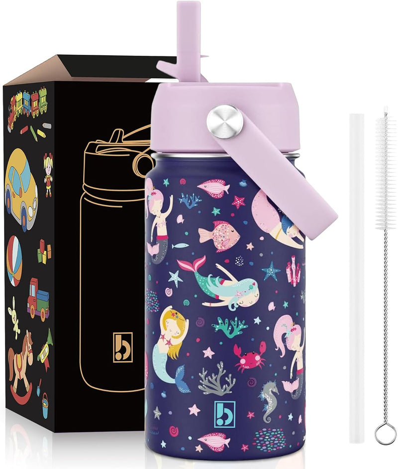 Kids Water Bottle 410ml Stainless Steel Hydro Flask Double Wall Insulated Thermos Bottle with Straw Lid BPA Free Cup Hot Cold Sports Toddler School Boys Girls 14oz (SPACE 410ML) - MERMAID